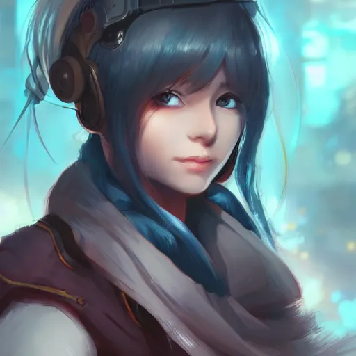 Prompt: portrait of cute anime girl, battle ready, long scarf, intense eyes, robotic limbs, sharp focus, futuristic apocalyptic setting, character illustration, extremely finely detailed, trending on artstation, art by ren wei pan, ross tran.