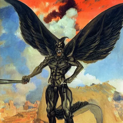 Image similar to Street art. a large, muscular demon-like creature with wings, standing in a dark, hellish landscape. The creature has red eyes and sharp teeth, and is holding a large sword in one hand. by Joaquín Sorolla, by Ken Kelly kaleidoscopic