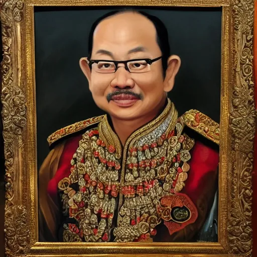 Prompt: sri sultan hamengkubuwono ix with blangkon and batik portrait, detailed, arstation 8 k, art by raden saleh, banksy, basuki abdullah