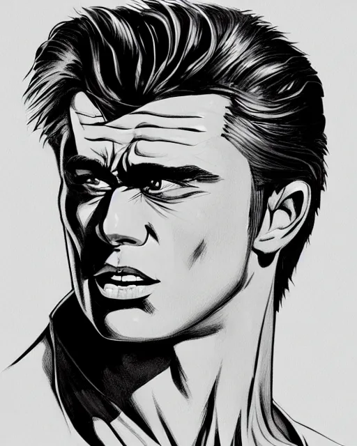 Image similar to james dean as the incredible hulk, portrait profile head and shoulders focus. muscular, gaunt, strong, strikung, handsome detailed, chiseled. fantasy illustration, comic book concept art, dynamic lighting, ultra detailed!