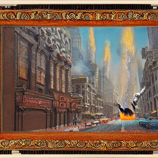 Prompt: giant quadruped creature walking through the center of a city with tall building on fire, extreme detail, abstract realism, highly ornate intricate details, 1 9 2 0's colored pencil, 4 k, cinematic lighting,