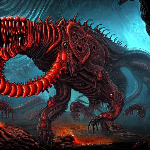 Image similar to Huge Demonic Centipede, Diplopodus the Terrible, Digital art, in the style of Doom Eternal and Lovecraft, 4k high detail,