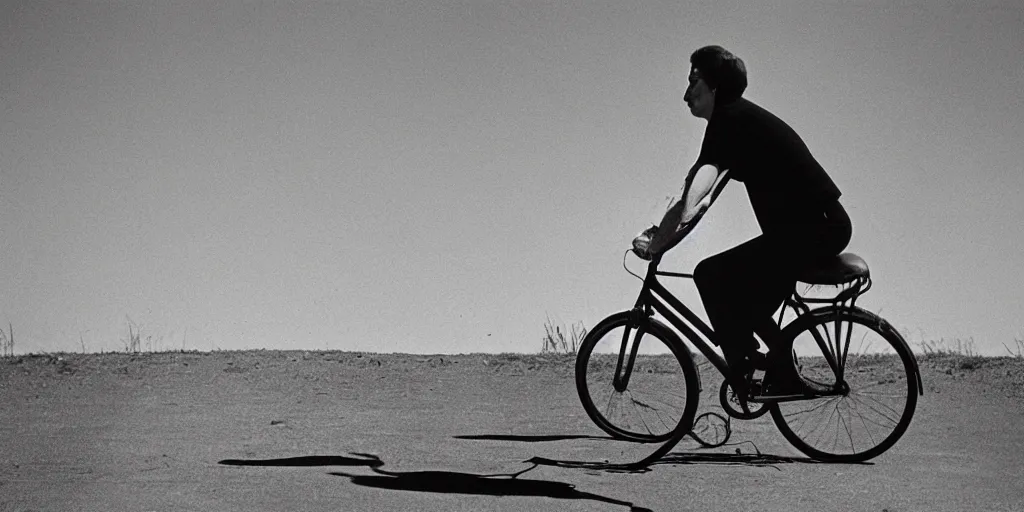 Image similar to a young man riding a bicycle under a clear blue sky, 7 0 s photograph, 4 k