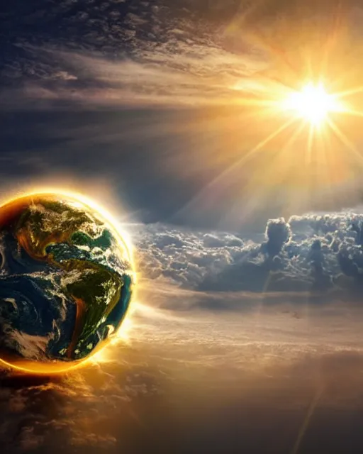 Prompt: hyper realistic portrait photo of earth destroyed by global warming, portrait shot, intricate detail, glittering sun rays