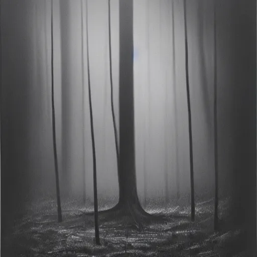 Prompt: a Stephen Gammell style black and white oil painting of a shadowy figure standing in a clearing in the middle of a dark forest