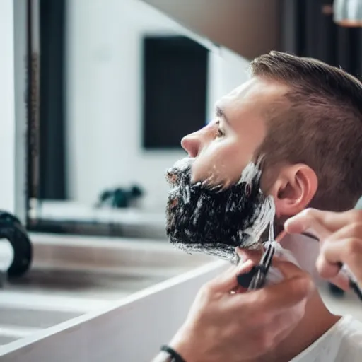 Image similar to man shaving beard into sink