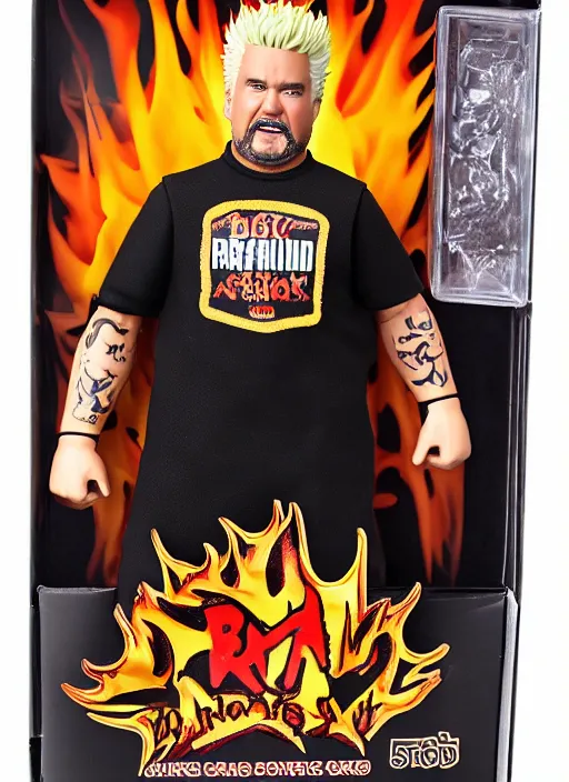 Prompt: black series action figure of guy fieri with barfing action, pristine box, toy still in package, ebay, extremely detailed