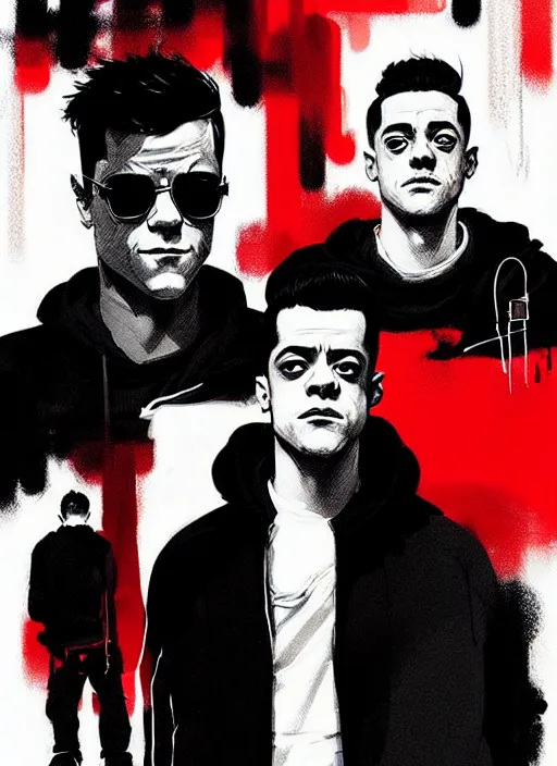 Image similar to highly detailed closeup portrait of rami malek, elliot alderson, black hoody by atey ghailan, by greg rutkowski, by greg tocchini, by james gilleard, by joe fenton, by kaethe butcher, gradient red, black and white color scheme, grunge aesthetic!!! ( ( graffiti tag wall background ) )