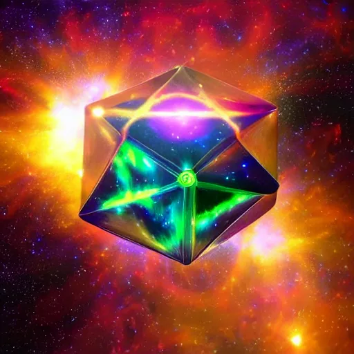 Image similar to icosahedron made of light spinning in space among opal stars and colorful galaxies, trending on artstation