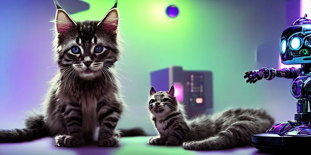 Prompt: a d rendered movie still a cute robotic kitten with rgb ambient lighting implants. the robot maine coon kitten. in the background is a cyberpunk cat tree with rgb dramatic lighting. science fiction blockbuster movie from the future, imax 7 0 mm. style of mandalorian ( american space western television series )