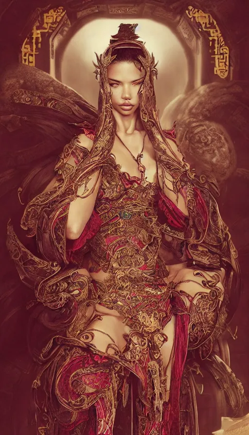 Image similar to adriana lima, traditional chinese clothing, fame of thrones, fibonacci, sweat drops, intricate fashion clothing, insane, intricate, highly detailed, surrealistic, digital painting, artstation, concept art, smooth, sharp focus, illustration, unreal engine 5, 8 k, art by artgerm and greg rutkowski and alphonse mucha