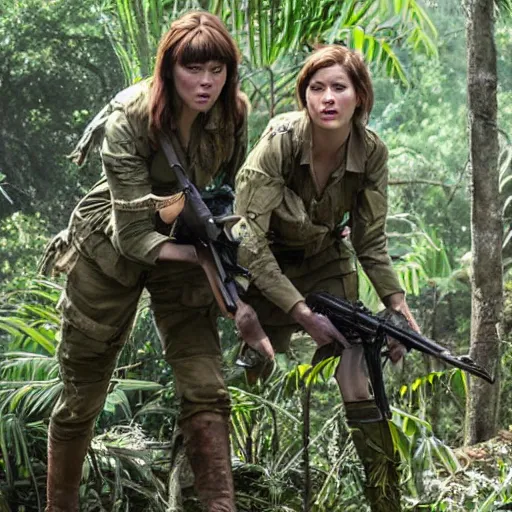 Image similar to elisha cutbert and mary elizabeth winstead as a commandos in a jungle battlefield