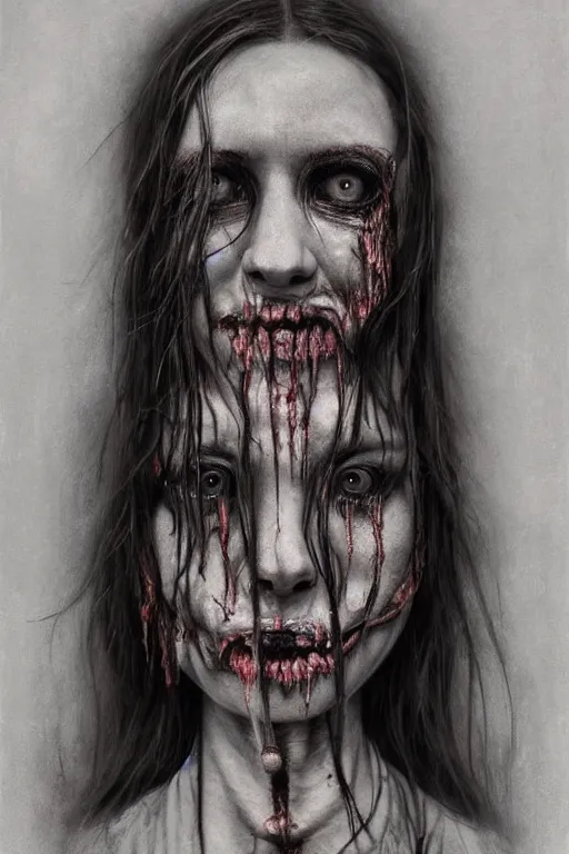 Image similar to charcoal cartoon grunge portrait of a creepy horror nurse girl . intricate abstract. intricate artwork. nightmare fuel. terrifying. by zdzisław Beksiński, wlop, dan mumford , trending on artstation, greg rutkowski very coherent symmetrical artwork. cinematic, hyper realism, high detail, octane render, 8k