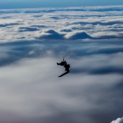 Image similar to a scubadiver flying in the sky above the clouds