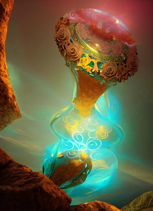 Image similar to flowers within the whole infinite capsule apparent with awe the apparition, an idea seep's into infinity highly detailed in volumetric latent space, golden turquoise steampunk, high contrast cinematic light, mystical shadows, sharp focus, divine realm of gods, octane render, artist by boris vallejo,