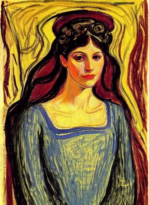 Image similar to portrait of young woman in renaissance dress and renaissance headdress, art by edvard munch