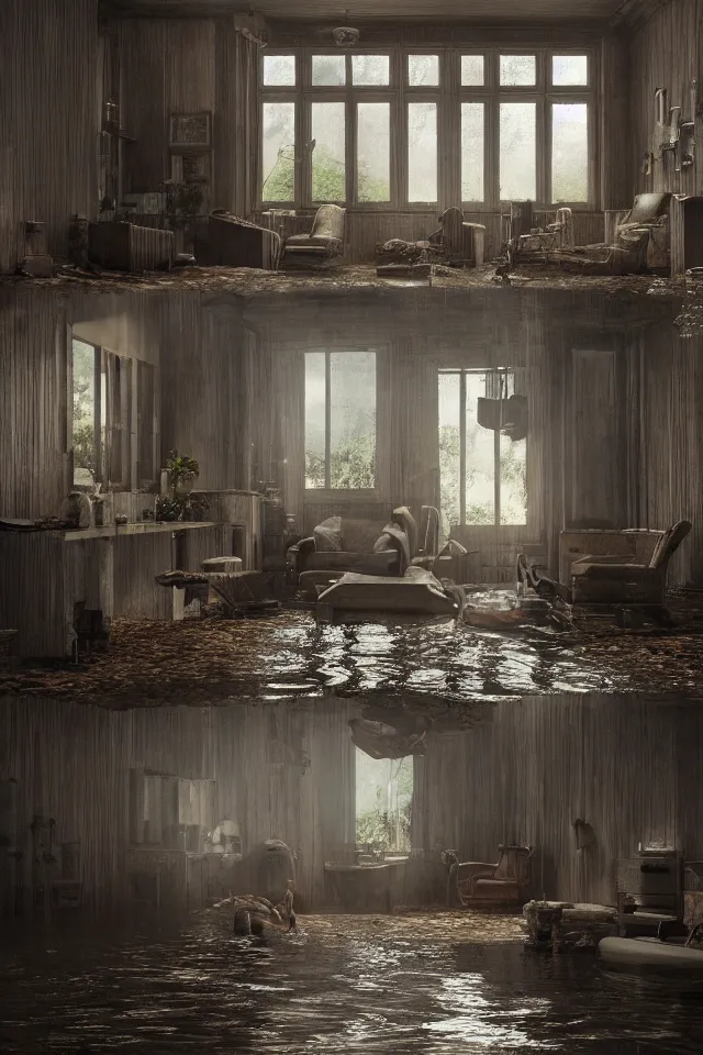 Image similar to flooded house interior, hyperdetailed, octane , hyper realistic , detailed , interior , hyperfocal 8k , in the style of Gregory Crewdson