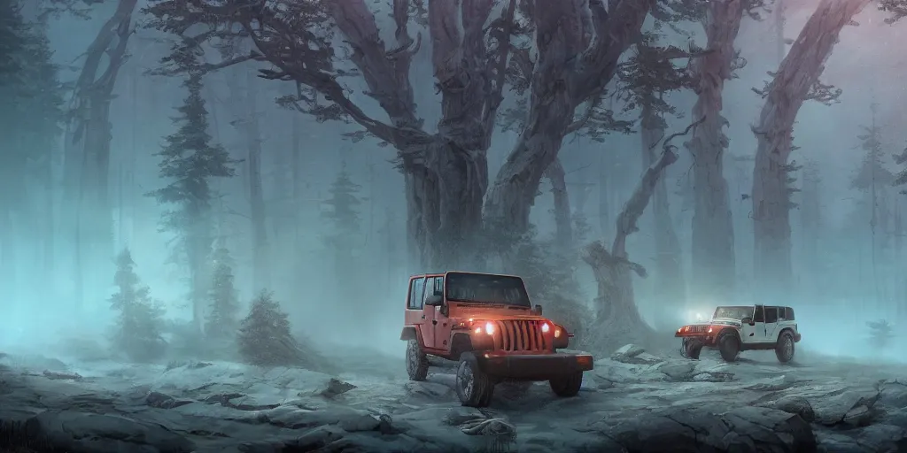 Prompt: jeep wrangler, an epic fantasy, dramatic lighting, cinematic, establishing shot, extremely high detail, photorealistic, cinematic lighting, artstation, by simon stalenhag, horizon forbidden west