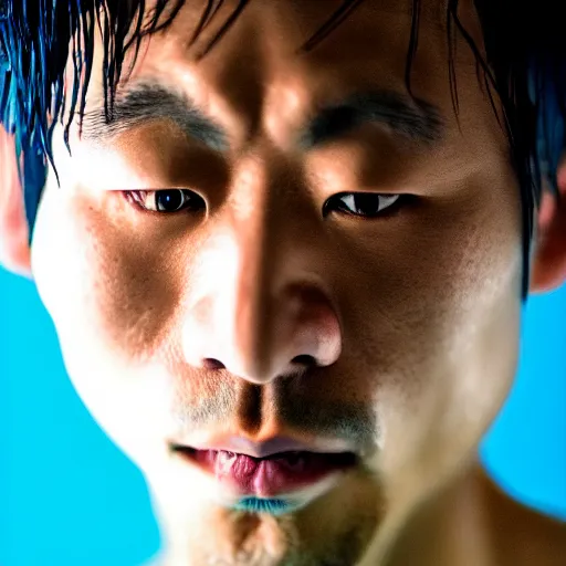 Prompt: a close up photographic portrait of a handsome japanese man stands in the ocean wearing wet weather gear looking worried taken by annie leibowitz. cinematic lighting, blue background colour, 5 0 mm, subsurface scatter, bladerunner sci fi.