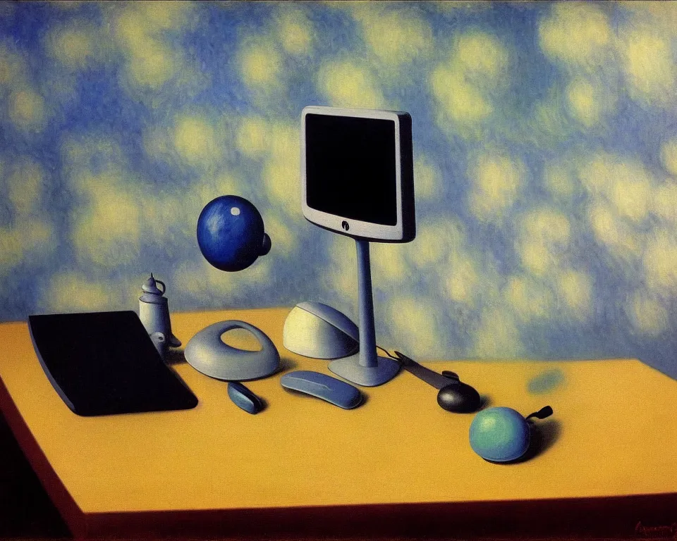 Image similar to achingly very beautiful painting of a imac g 3 by rene magritte, monet, and turner. whimsical.