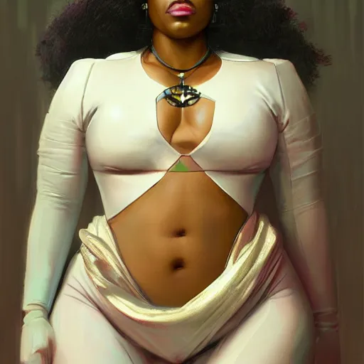 Image similar to cyberpunk fat oprah winfrey head domme mistress, full body, dominatrix, tribal, smooth white tight clothes suit, ornate, very beautiful, concept art, realistic painting, androgynous, afrofuturism, daz 3 d, cinematic, cgsociety, digital art by greg rutkowski, by alphonse mucha,