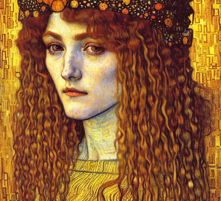 Image similar to detailed realistic beautiful young medieval queen face portrait by jean delville, gustav klimt and vincent van gogh, art nouveau, symbolist, visionary, gothic, pre - raphaelite, muted earthy colors, desaturated