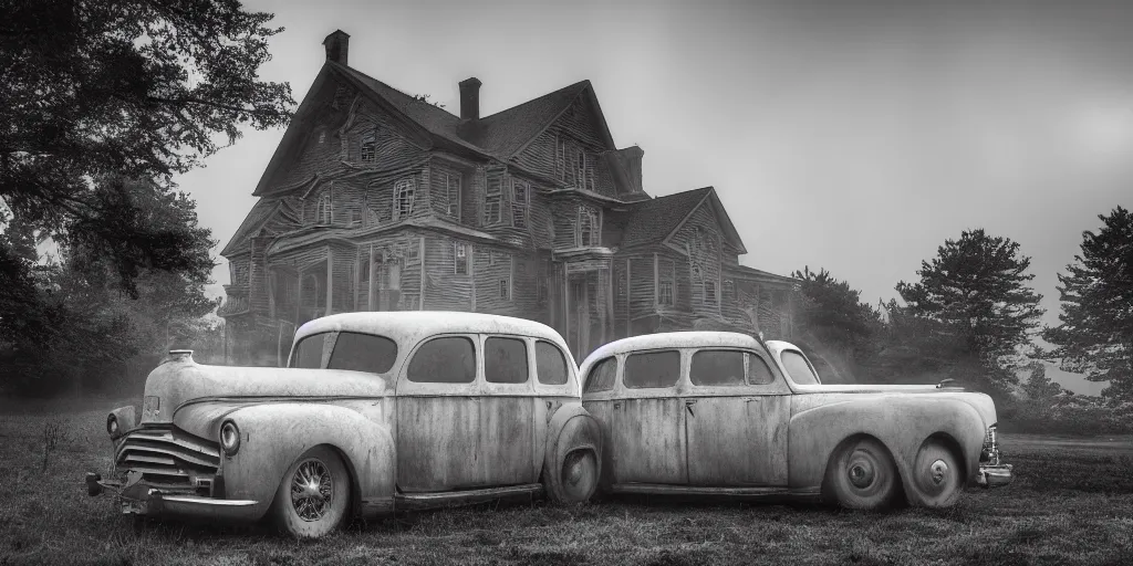 Prompt: Lovecraft Country, ultra detailed haunted house, rain, establishing atmospheric shot, unreal engine, F11 aperture, night, volumetric fog, lighting and thunder, film grain, ultra detailed grey 1948 Packard Station Sedan parked in the street,