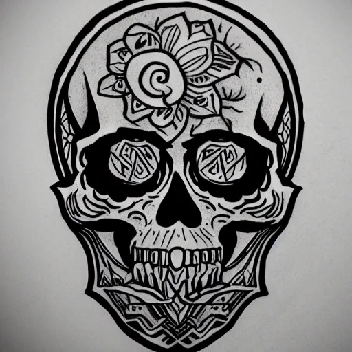 Image similar to skull outline tattoo design, black ink on white paper