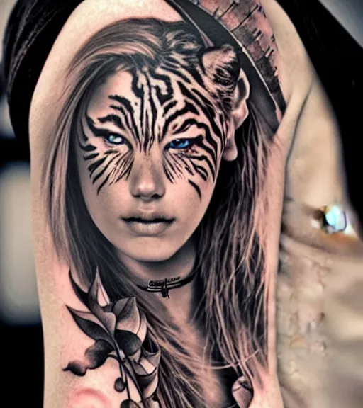 Image similar to tattoo design of a beautiful girl warrior, above the girl there is a tiger head, hyper realistic, realism tattoo, by eliot kohek, beautiful eyes, realistic face, black and white, white background