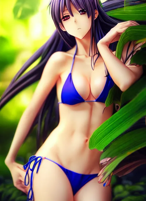 Image similar to photo of a gorgeous anime girl in bikini in the style of stefan kostic, realistic, half body shot, sharp focus, 8 k high definition, insanely detailed, intricate, elegant, art by stanley lau and artgerm, extreme bokeh foliage