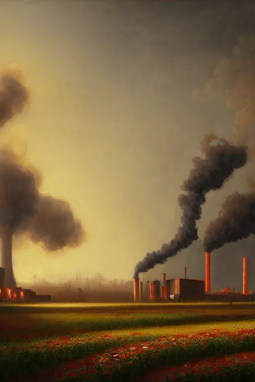 Prompt: a beautiful painting of a factory with smoking chimneys, red rose fields, dark style, little roses, very detailed, soft light effect, stable pipeline, super wide, big scene, by albert bierstadt, 4 k hd, trending on artstation ， ultrawide viewn and highly detailed, ultrawide lens, very high detailed