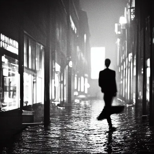 Image similar to an abstract photograph of a lonely male shadowy figure, there is a dark street with lanterns reflected on the ground, everything is underwater, motion blur, 35 mm, black-and-white