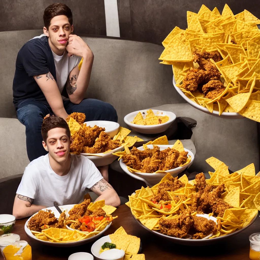 Image similar to pete davidson sitting in a bowl of nice fried chicken and nachos