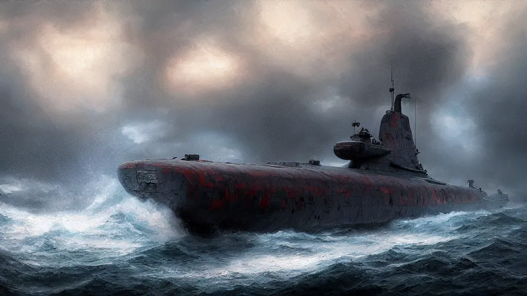 Prompt: soviet submarine destroyed by giant squid, stormy ocean, intricate, detailed, volumetric lighting, sharp focus, scenery, digital painting, highly detailed, concept art, ruan jia, steve mccurry