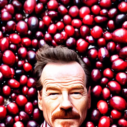 Prompt: tiny bryan cranston's body is a bowl of cranberries, head emerging from cranberries, submerged in cranberries, natural light, sharp, detailed face, magazine, press, photo, steve mccurry, david lazar, canon, nikon, focus