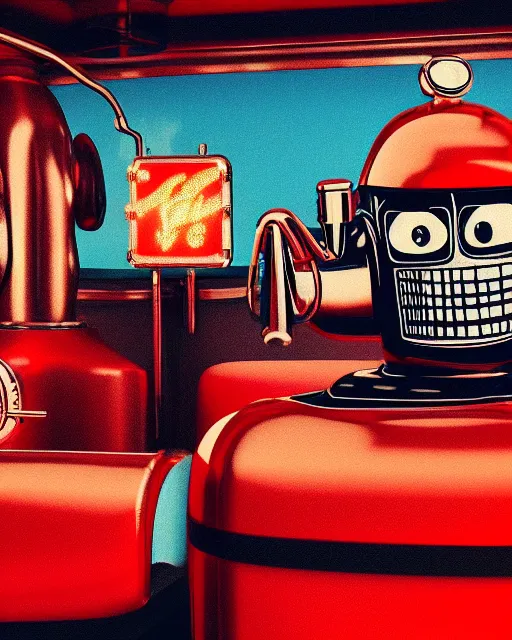 Prompt: highly detailed closeup, face profile portrait of a tin toy retro 1 9 5 0 s robot in a diner, bikini, unreal engine, max fleischer, global illumination, detailed and intricate environment