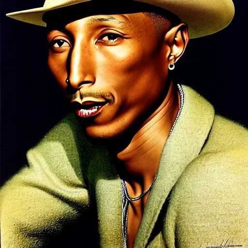 Image similar to pharrell williams by gil elvgren and norman rockwell and rob gonsalves and hajime sorayama, hyperrealistic, high detail, ultra detailed, highly detailed face, ruffled fabric