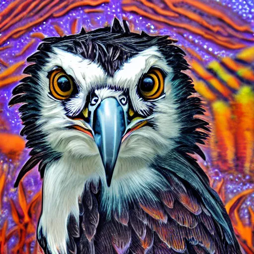 Image similar to extremely detailed cartoon osprey looking directly into camera psychedelic