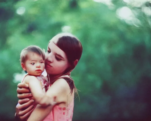 Prompt: a lomographic photo of young women holding her child on hands, year 1 9 7 0, cinestill, bokeh