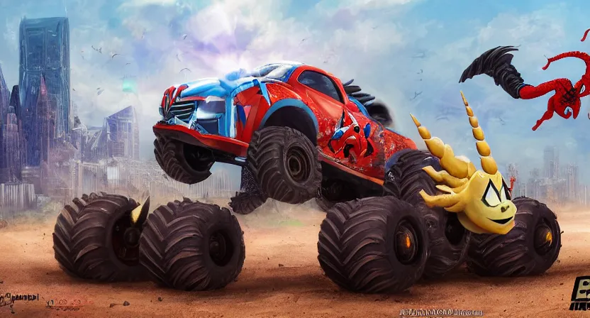 Image similar to a Unicorn monster truck and a Spiderman monster truck in an arena with cheering fans, concept art by Doug Chiang cinematic, realistic painting, high definition, digital art, symmetrical, very detailed, extremely high detail, photo realistic, concept art, unreal engine 5,