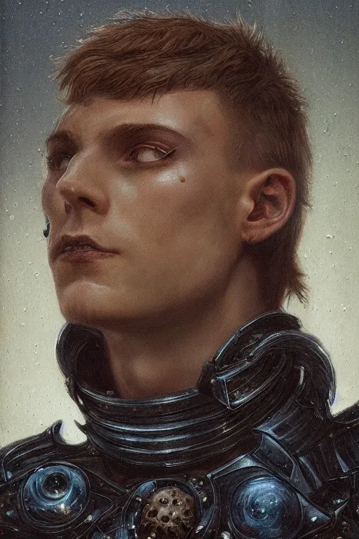 Image similar to portrait of beautiful gothic and futuristic young man, warhammer, cyber armor, a lot of more and more scars, thunderstorm, blue head, the middle ages, highly detailed, artstation, illustration, more and more composision, 8 k quality, art by jean delville, greg rutkowski