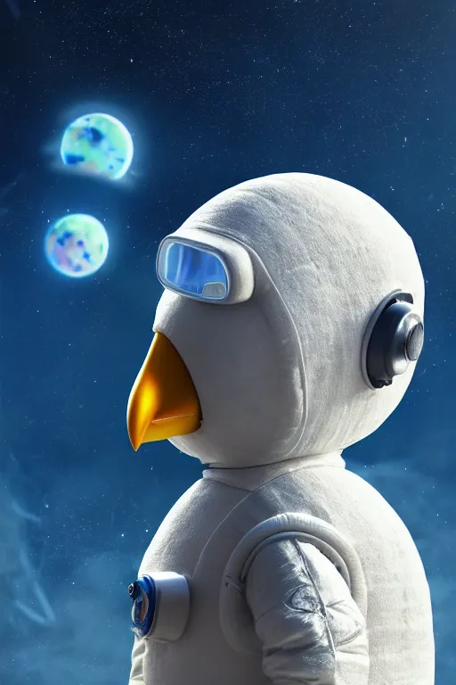 Image similar to a lonely chicken wearing a space suit without helmet in a alien planet, profile picture, digital art, concept art, trending on DeviantArt, highly detailed, high quality, 4K, cartoon, high coherence, path traced, blue sky in the background, octane render, digital painting, no helmet, masterpiece, anatomically correct, hyperrealistic