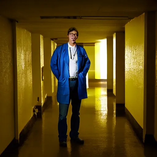 Image similar to flash low quality photograph of a male scientist wearing a lab coat in the backrooms, mustard - yellow old moldy moist carpet room, empty liminal space, very dark shadows, broken fluorescent lighting, horror movie scene, film grain