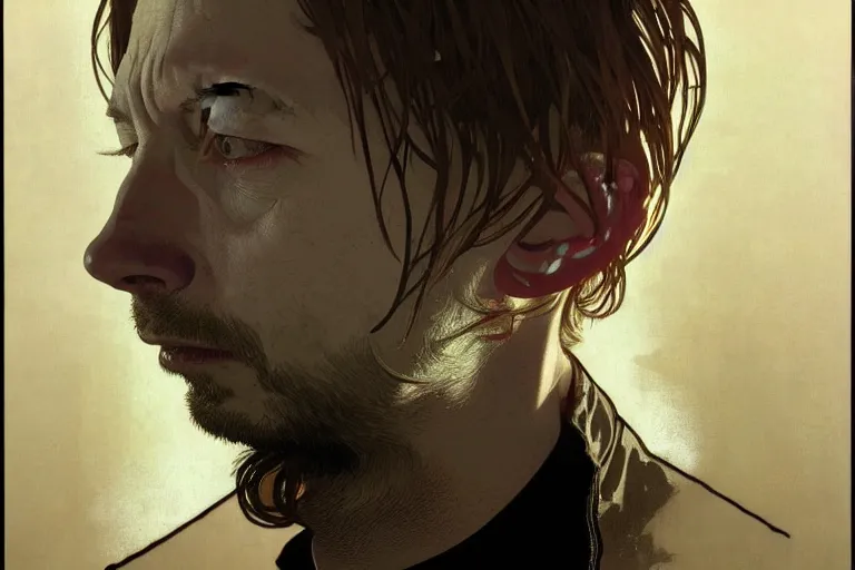 Image similar to hyper realistic portrait of thom yorke singer songwriter, side, liminal space, by lee bermejo, alphonse mucha and greg rutkowski