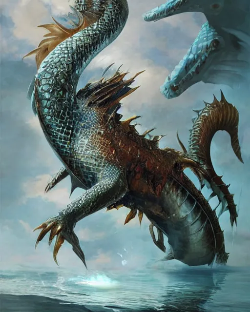 Image similar to game character beautiful sea dragon half fish half dragon, armored skin, scales, incredible detail by Ruan Jia and Gil Elvgren, fullbody