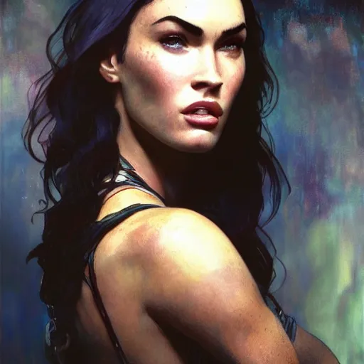 Image similar to megan fox portrait art of elysium by frank frazetta and by jeremy mann and by alphonse mucha, fantasy art, photo realistic, dynamic lighting, artstation, volumetric lighting, very detailed face, 4 k