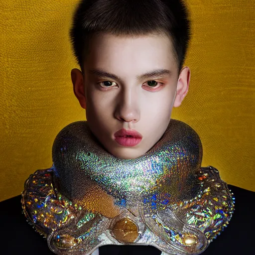 Image similar to a portrait of a beautiful young male wearing an alexander mcqueen armor made of holographic pearls , photographed by andrew thomas huang, artistic