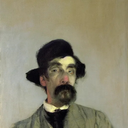 Prompt: detailing character concept portrait of clown by James McNeill Whistler, on simple background, oil painting, middle close up composition