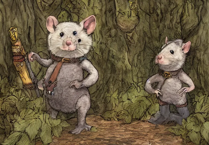 Image similar to possum dressed as an adventurer, hidden in the forest, colorized, highly detailed, 4k, trending on Artstation, award-winning, art by Maurice Sendak