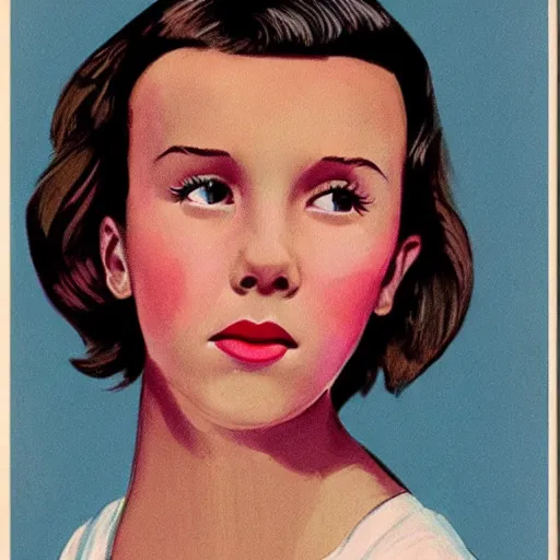 Image similar to “Millie Bobby Brown portrait, color vintage magazine illustration 1950”